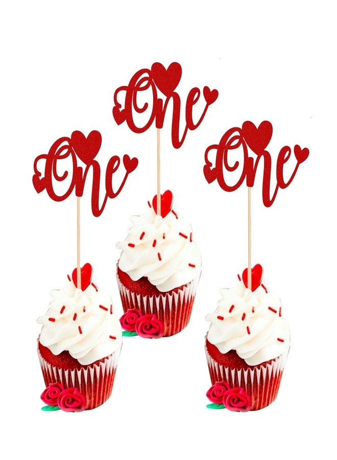 Incrizma 20 Pack One Cupcake Toppers with Red Sweet Love 1st Valentine's Day Cupcake Food Picks Valentine's Day Theme Wedding Baby Shower Kids 1st Birthday Party Cake Decorations Supplies - Image 1